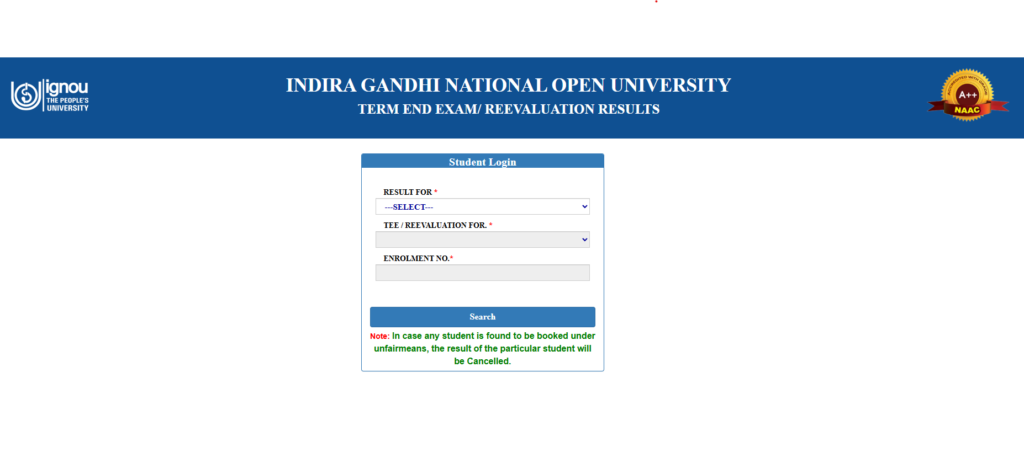 Ignou official website for result checking